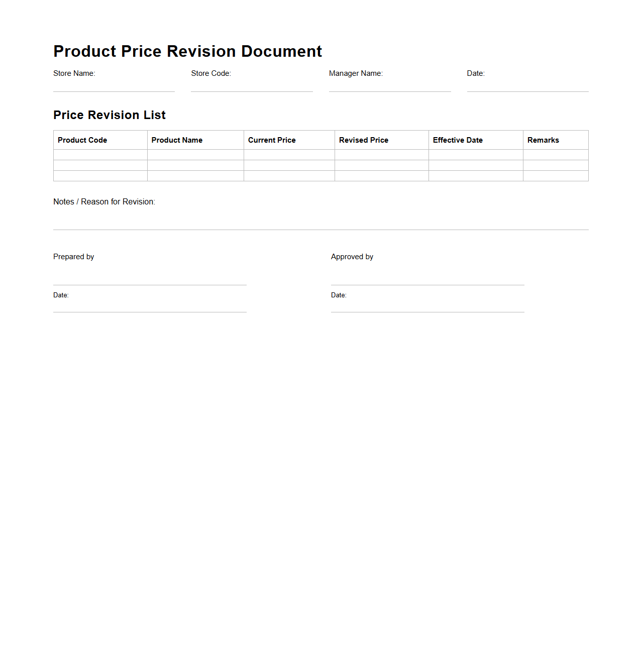 Product Price Revision Document for Store Managers