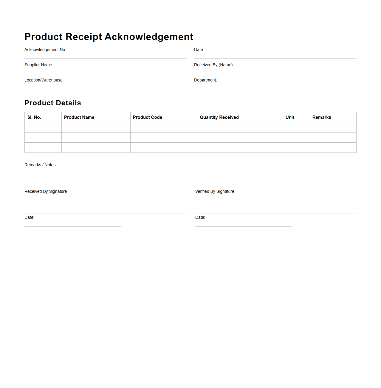 Product Receipt Acknowledgement Format for Inventory Tracking