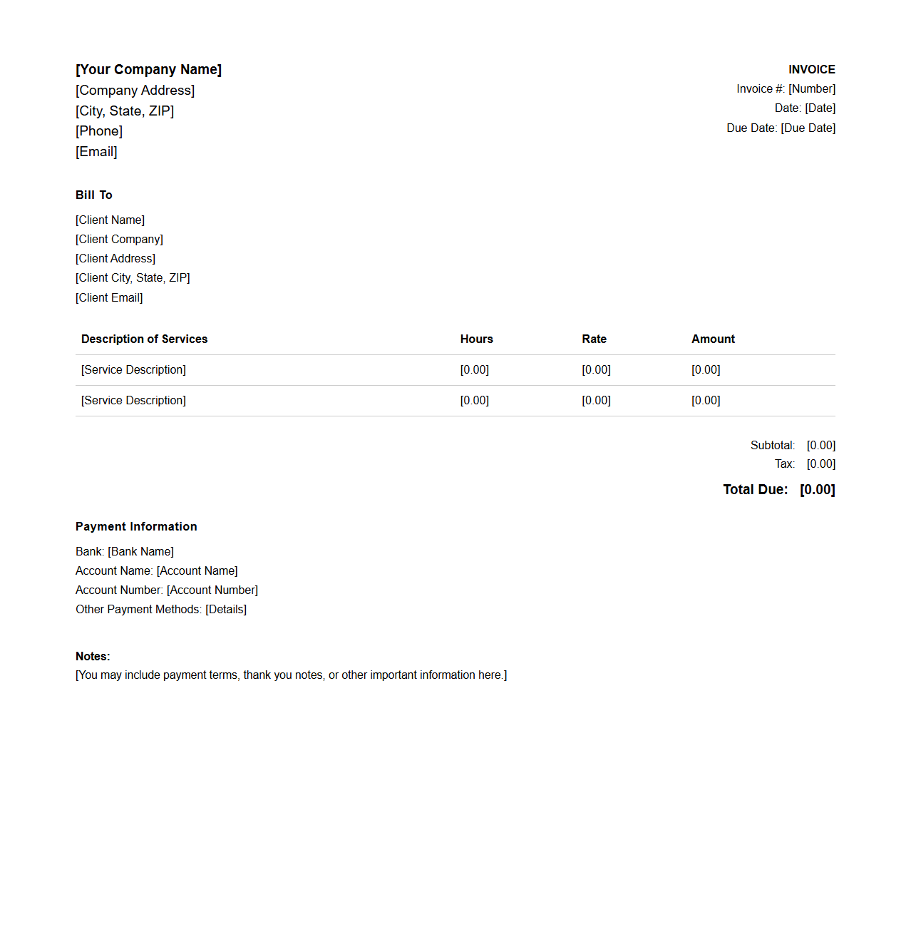 Professional Services Invoice Template for Client Billing