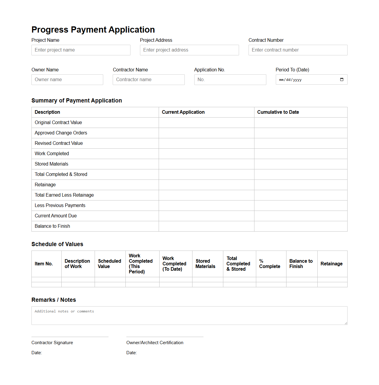 Progress Payment Application Format for Commercial Construction Projects