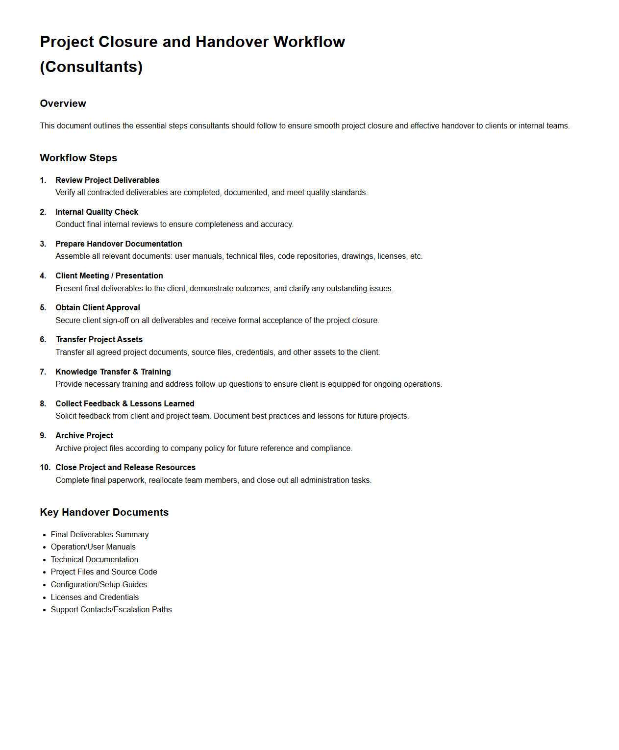 Project Closure and Handover Workflow for Consultants