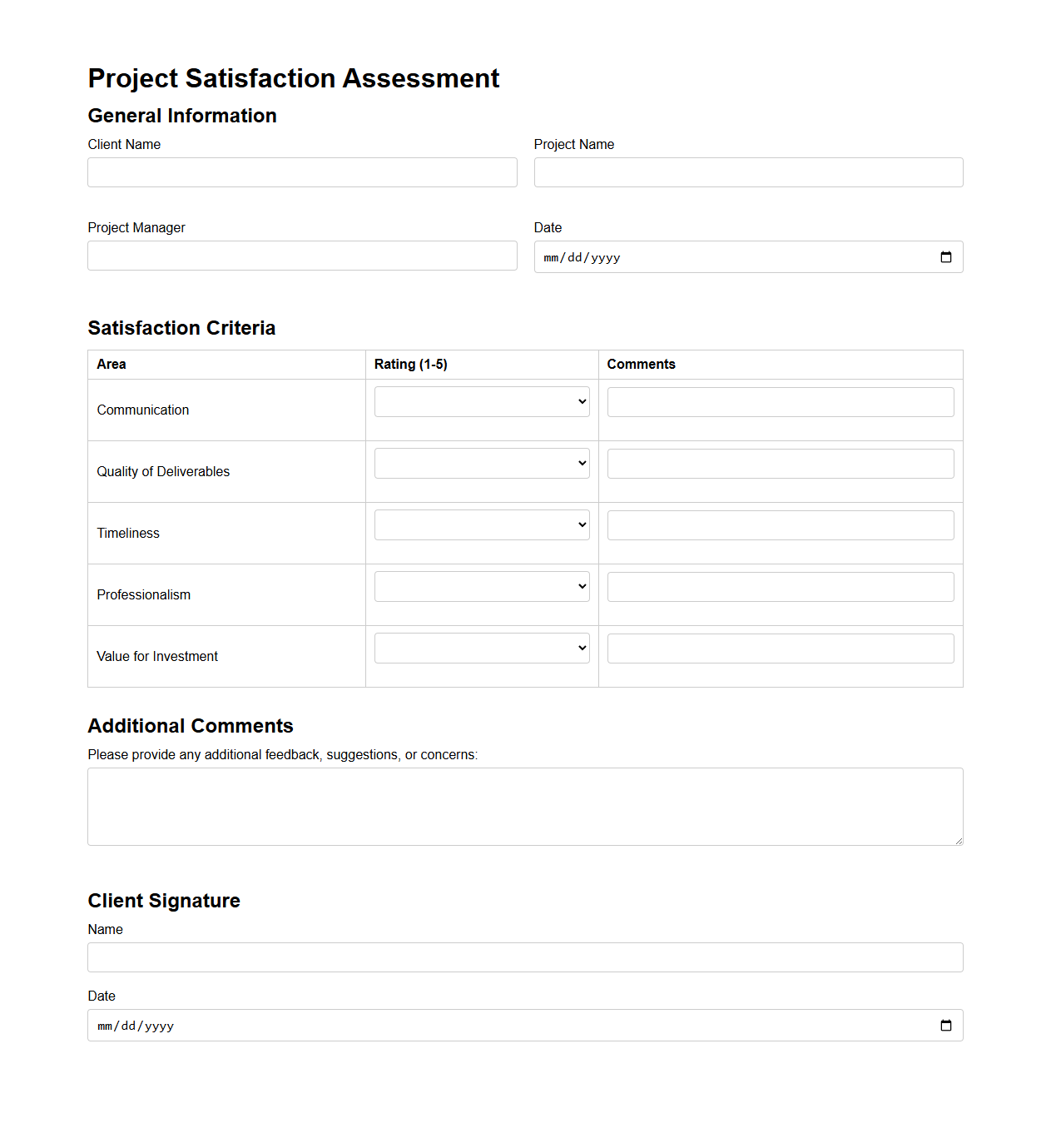 Project Satisfaction Assessment Template for Consulting Clients