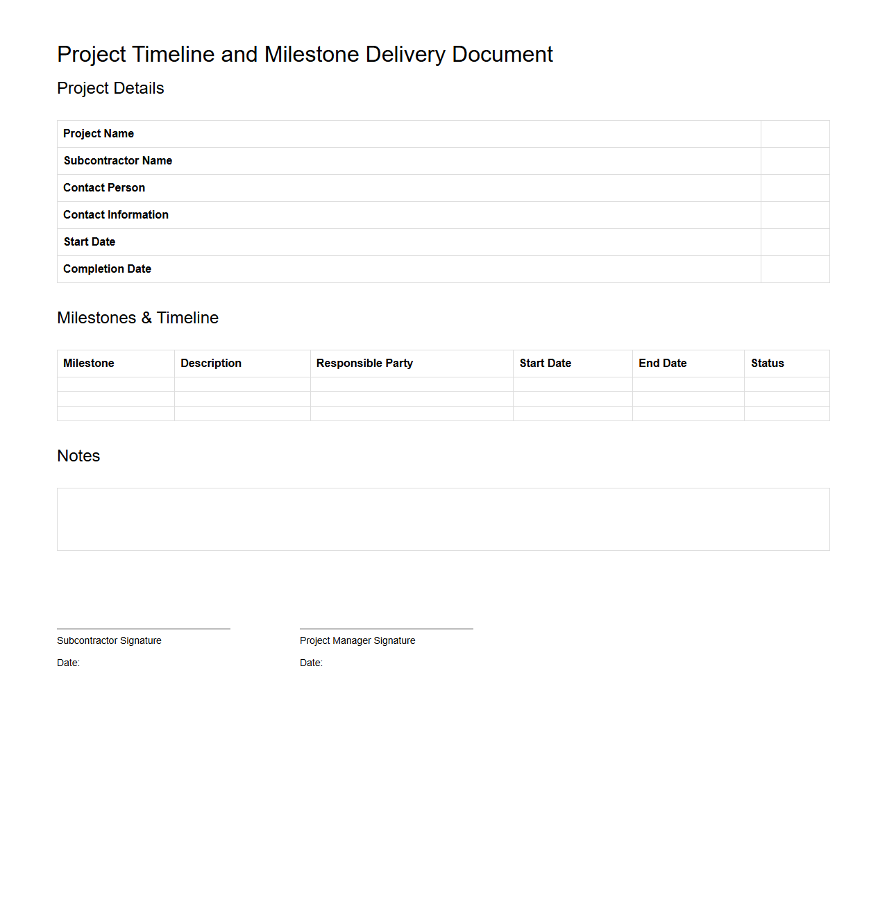 Project Timeline and Milestone Delivery Document for Subcontractors