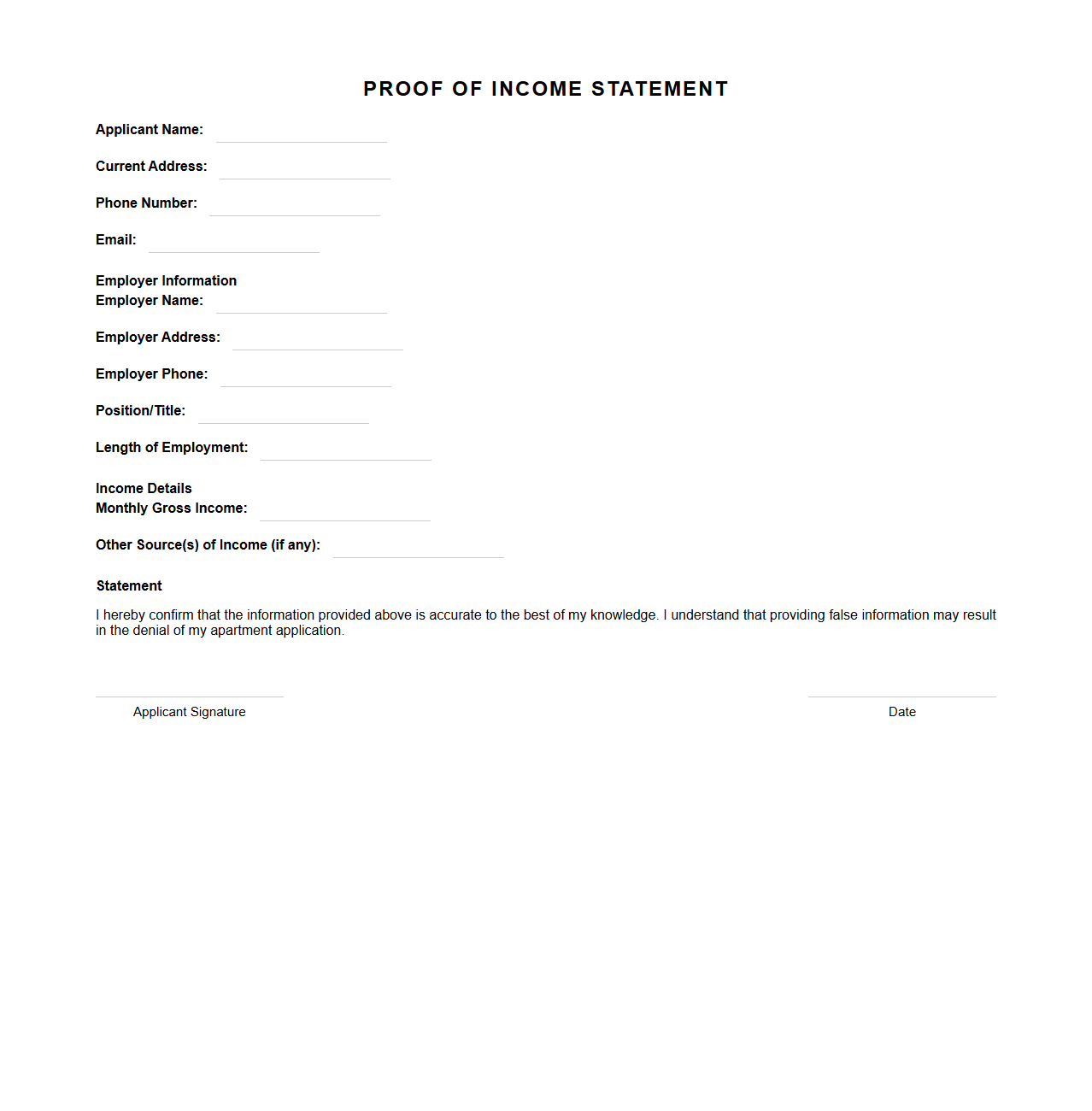 Proof of Income Statement for Apartment Application