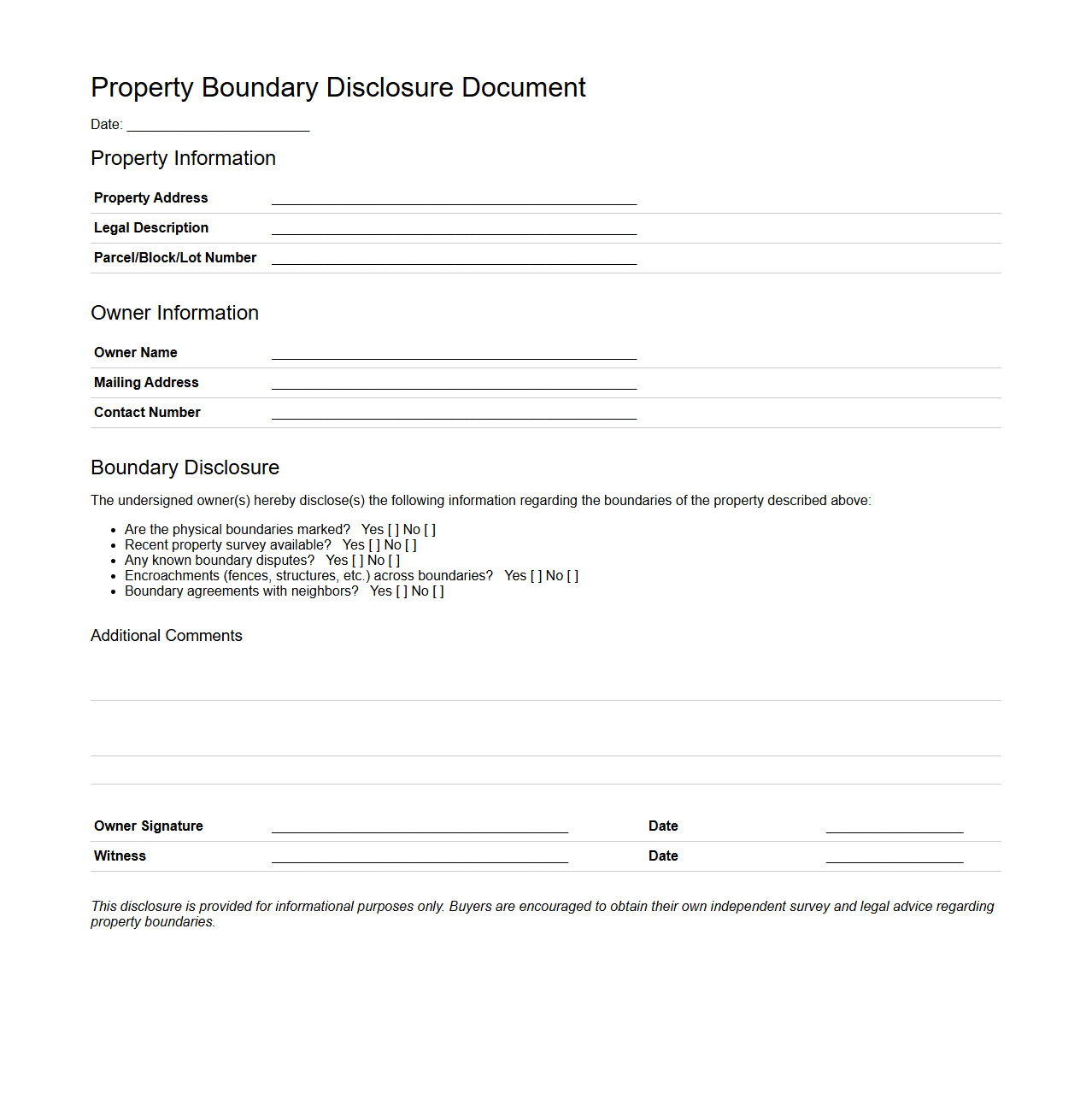 Property Boundary Disclosure Document Sample