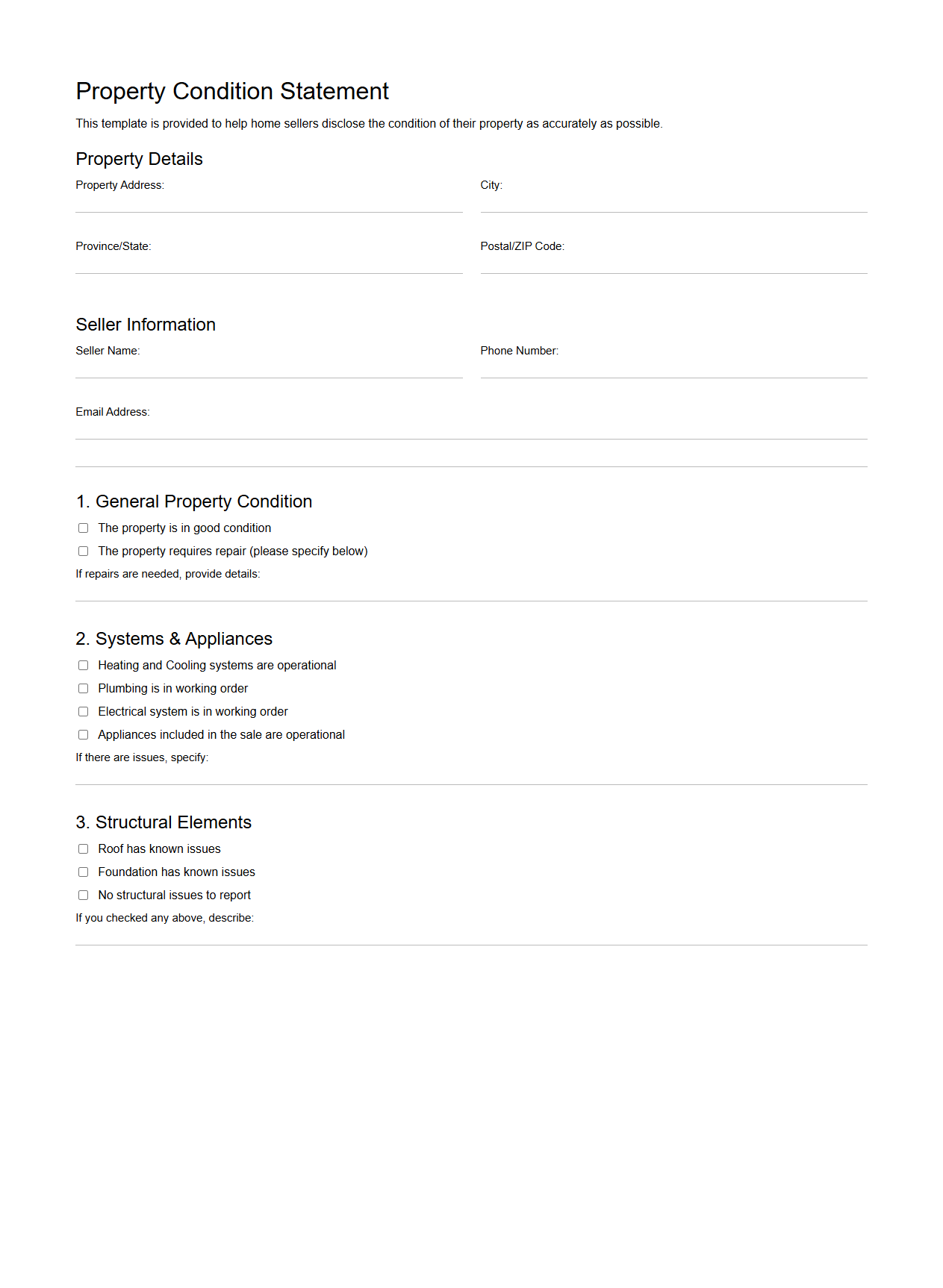 Property Condition Statement Template for Home Sellers