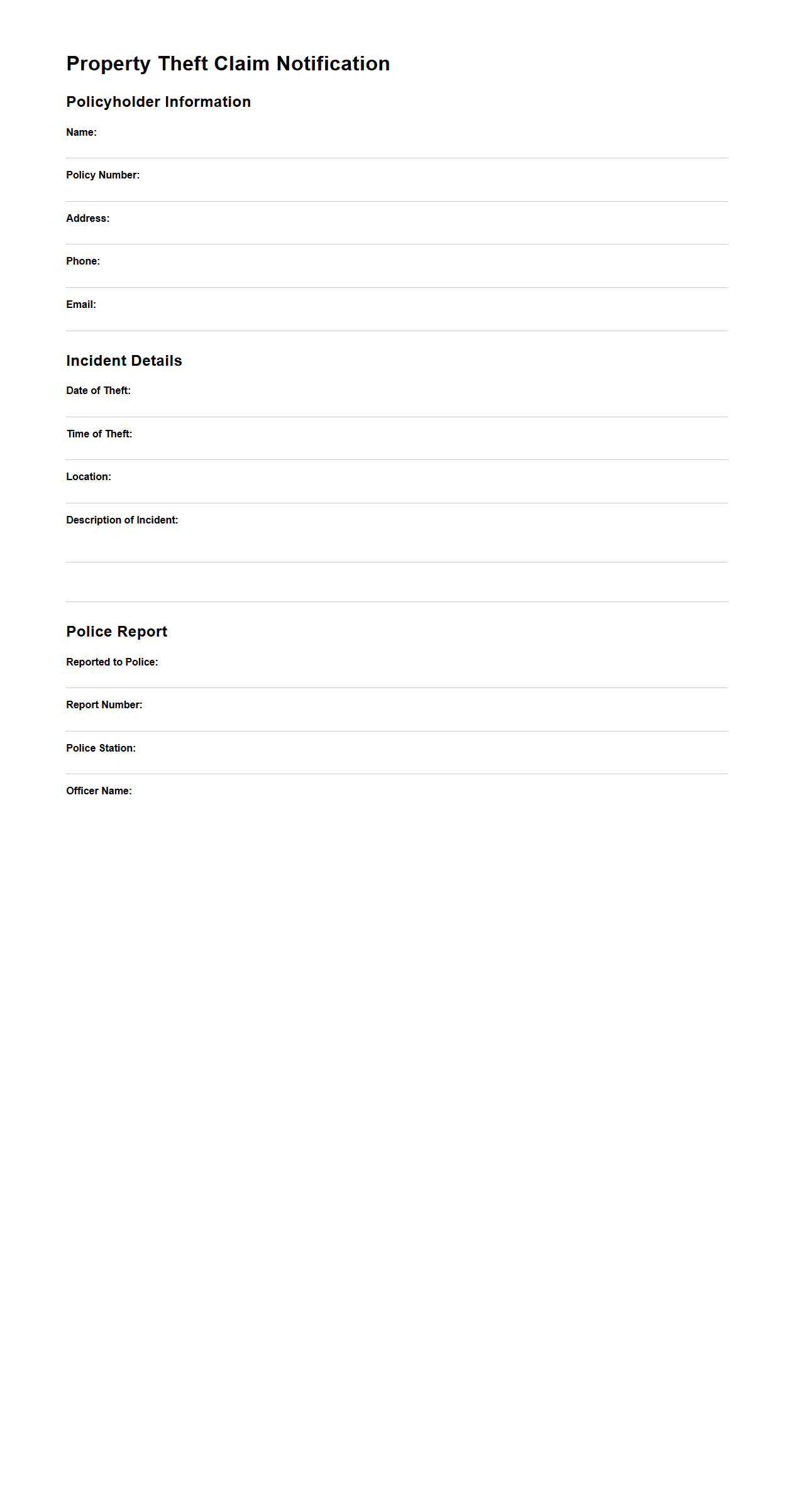Property Theft Claim Notification Example