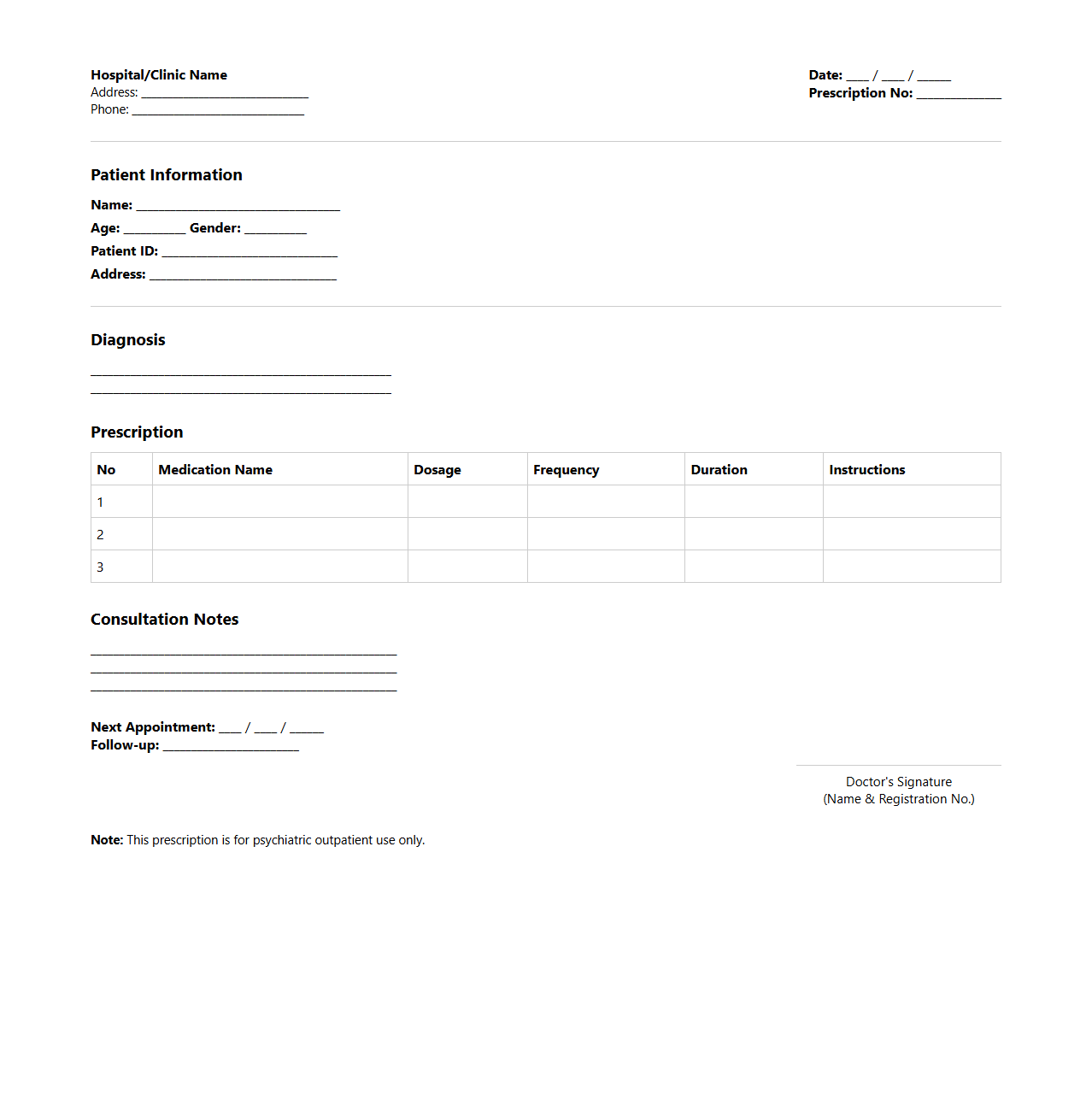 Psychiatric Outpatient Prescription Sample