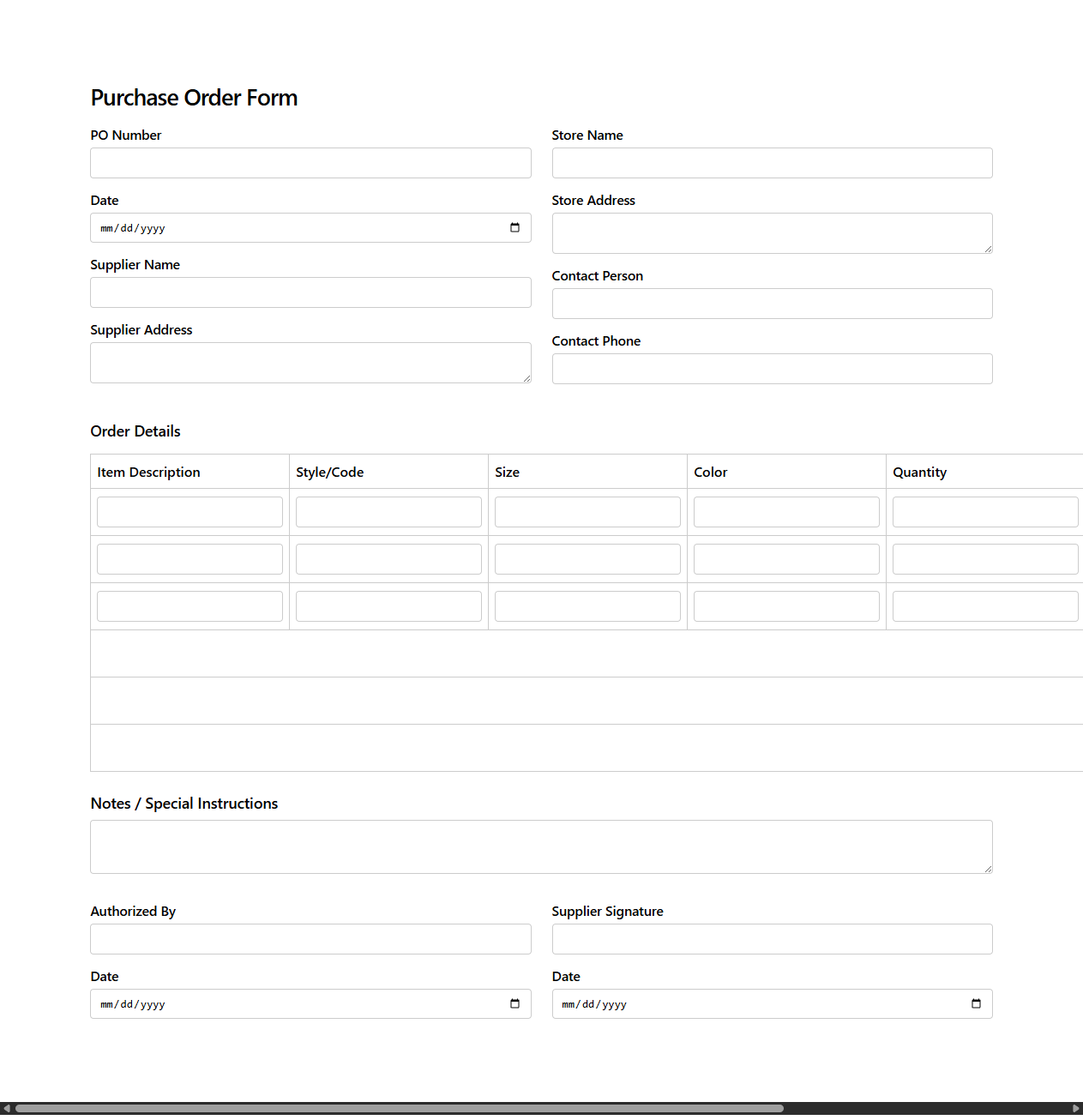 Purchase Order Form Template for Clothing Stores