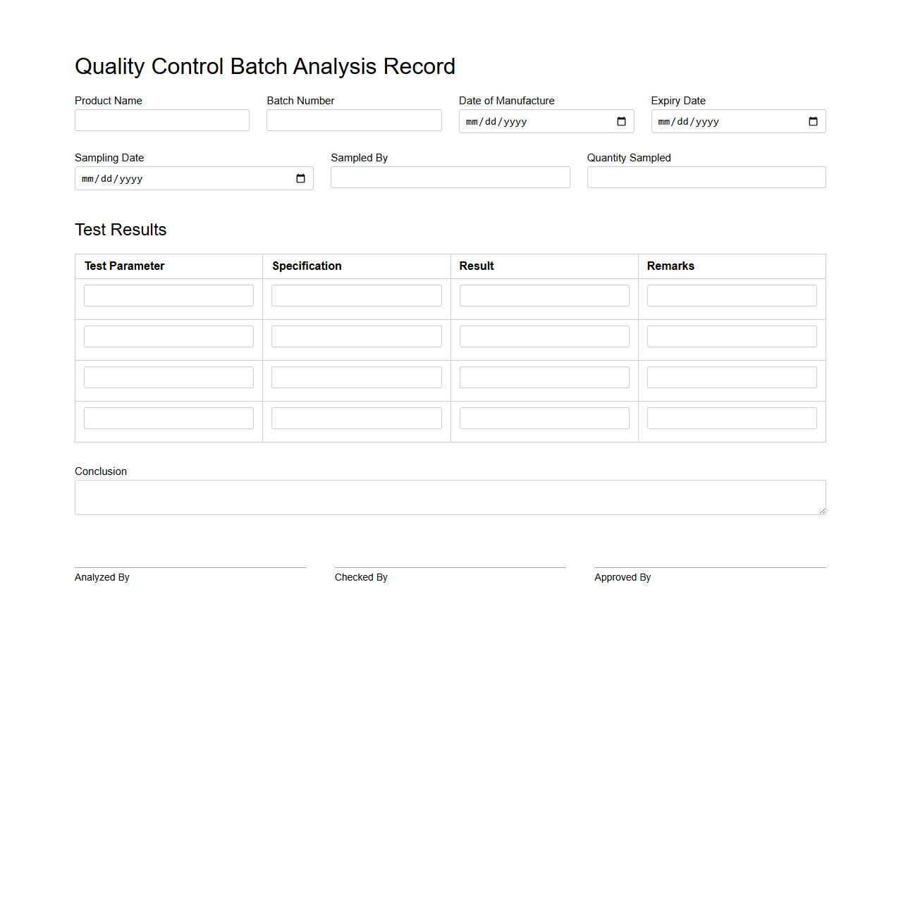 Quality Control Batch Analysis Record
