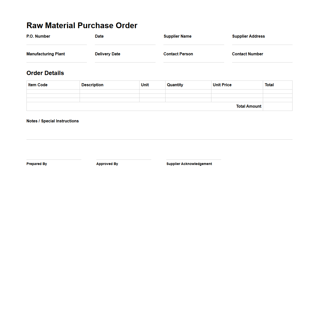 Raw Material Purchase Order Document for Manufacturing