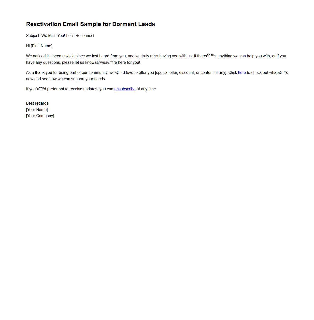 Reactivation Email Sample for Dormant Leads