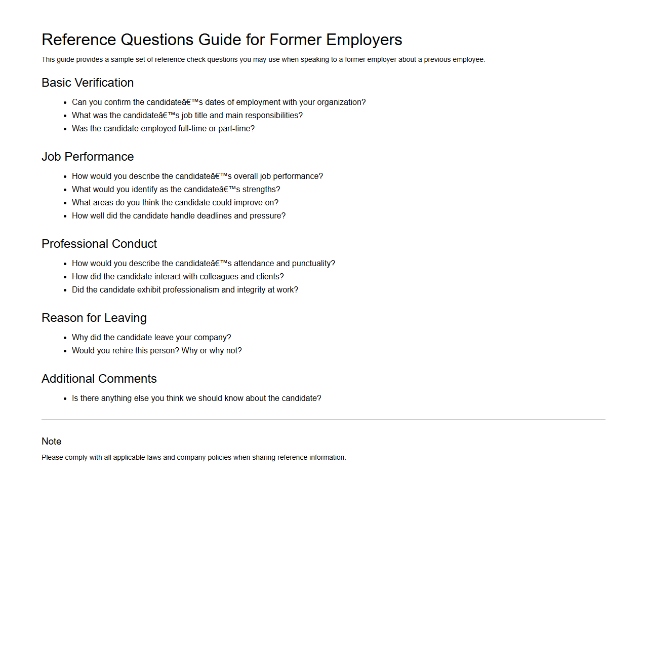 Reference Questions Guide for Former Employers