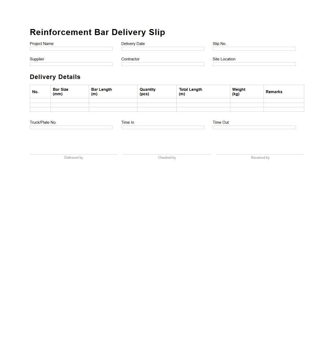 Reinforcement Bar Delivery Slip for Structural Works
