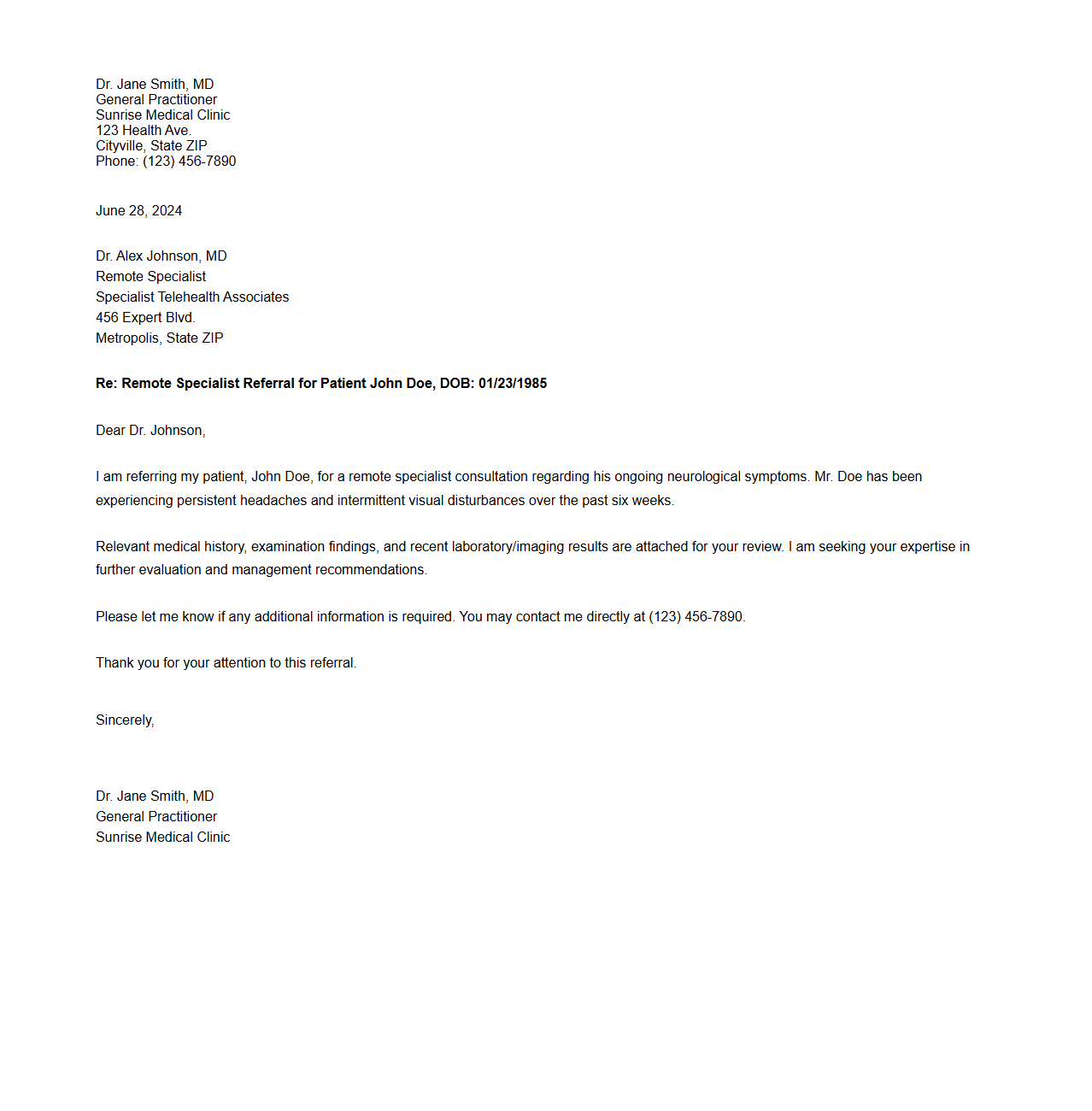 Remote Specialist Referral Letter Sample