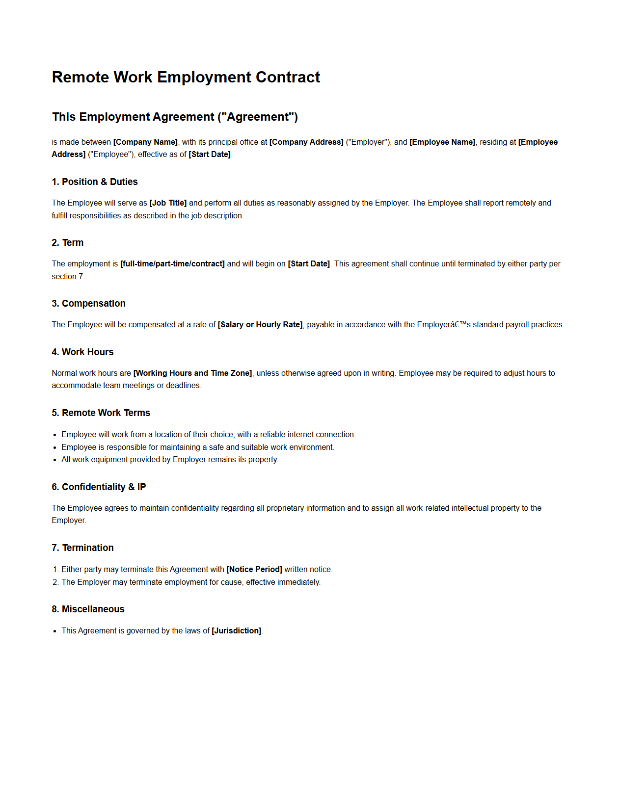 Remote Work Employment Contract Model for New Team Members
