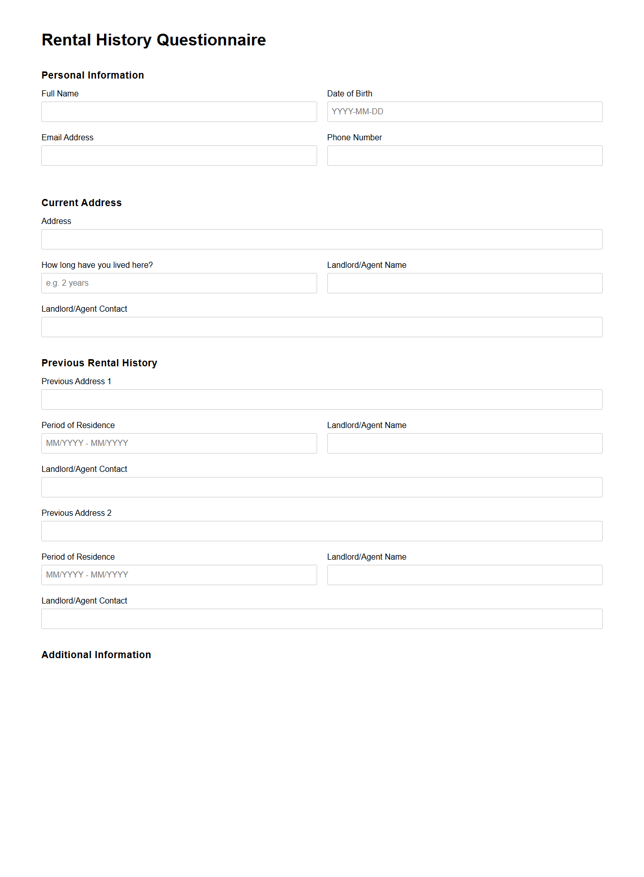 Rental History Questionnaire Template