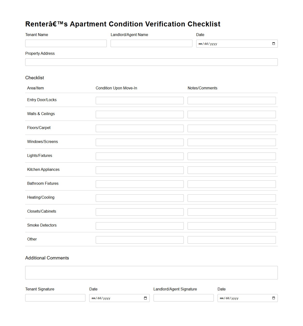 Renter’s Apartment Condition Verification Checklist