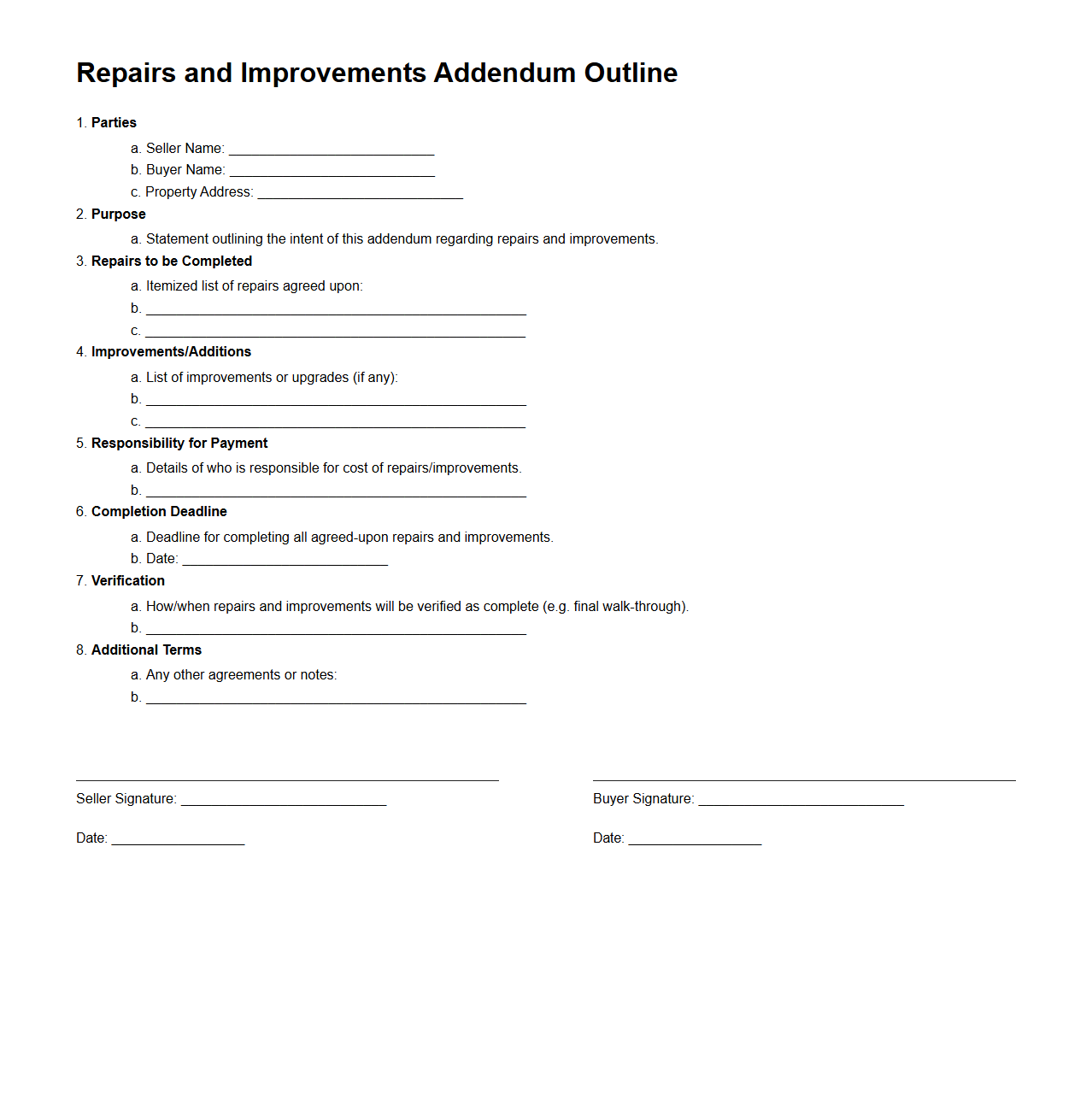 Repairs and Improvements Addendum Outline