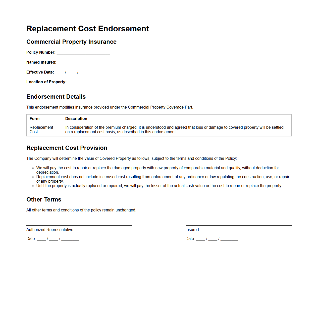 Replacement Cost Endorsement for Commercial Property