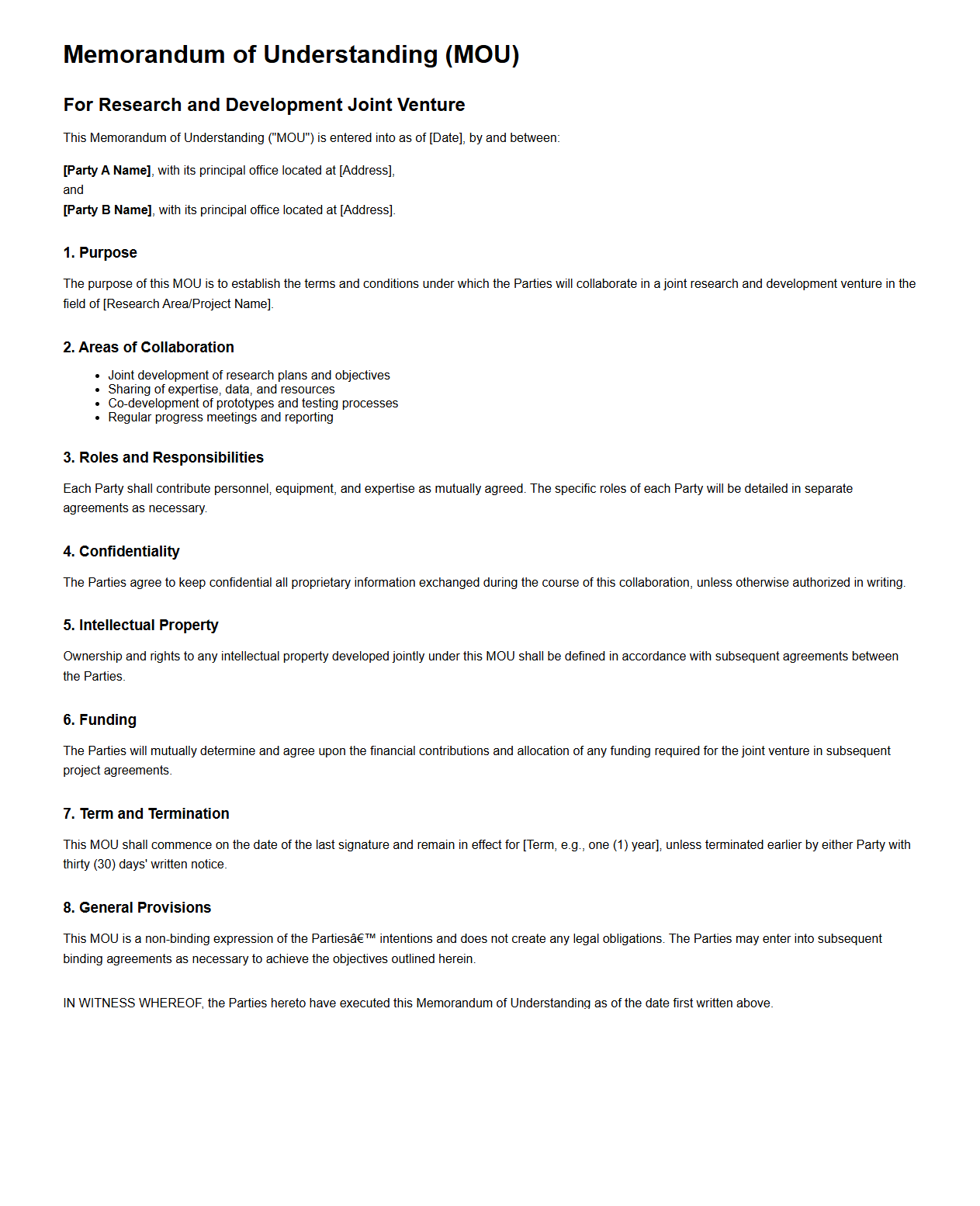 Research and Development Joint Venture MOU Sample