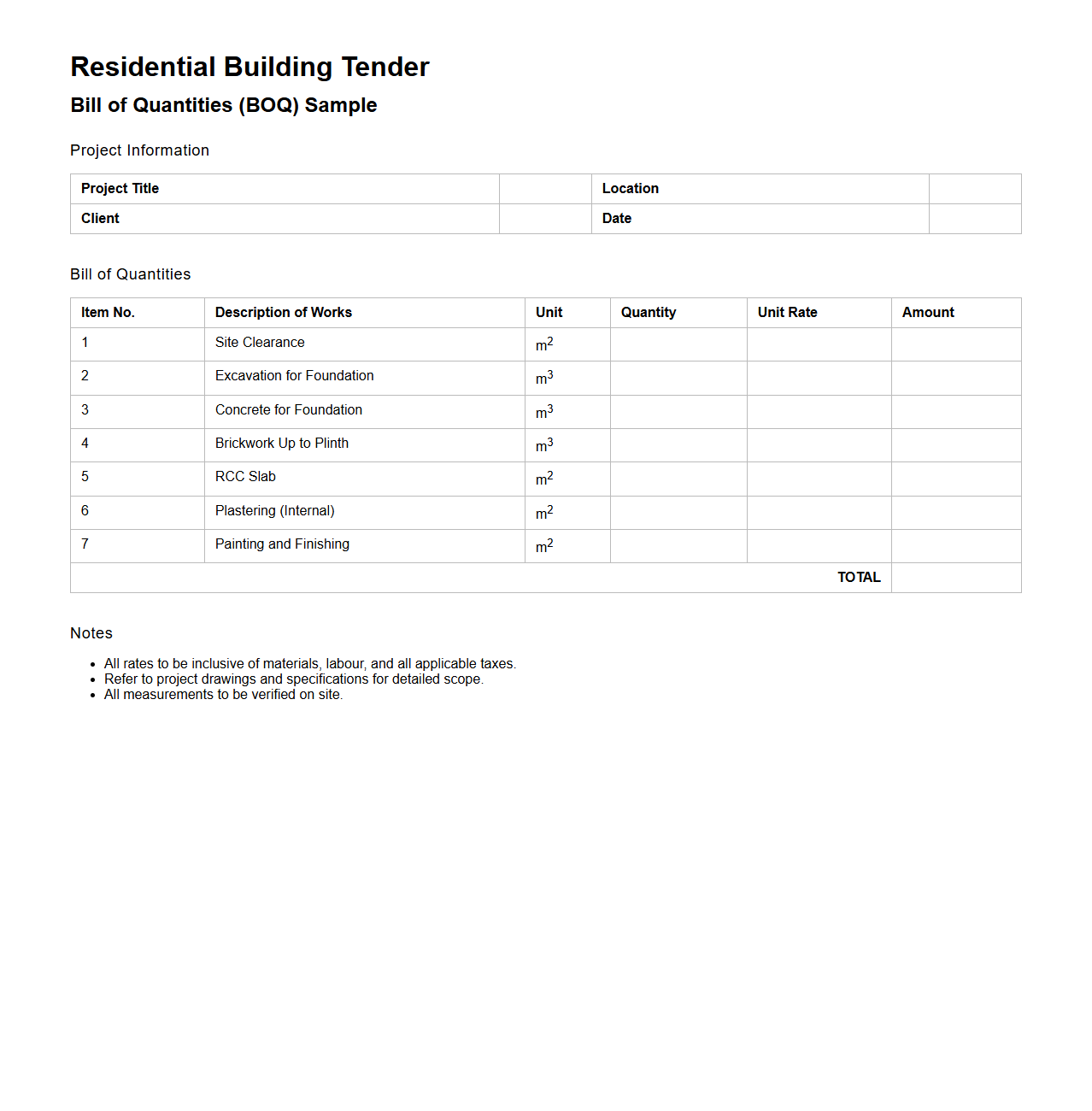 Residential Building Tender BOQ Sample