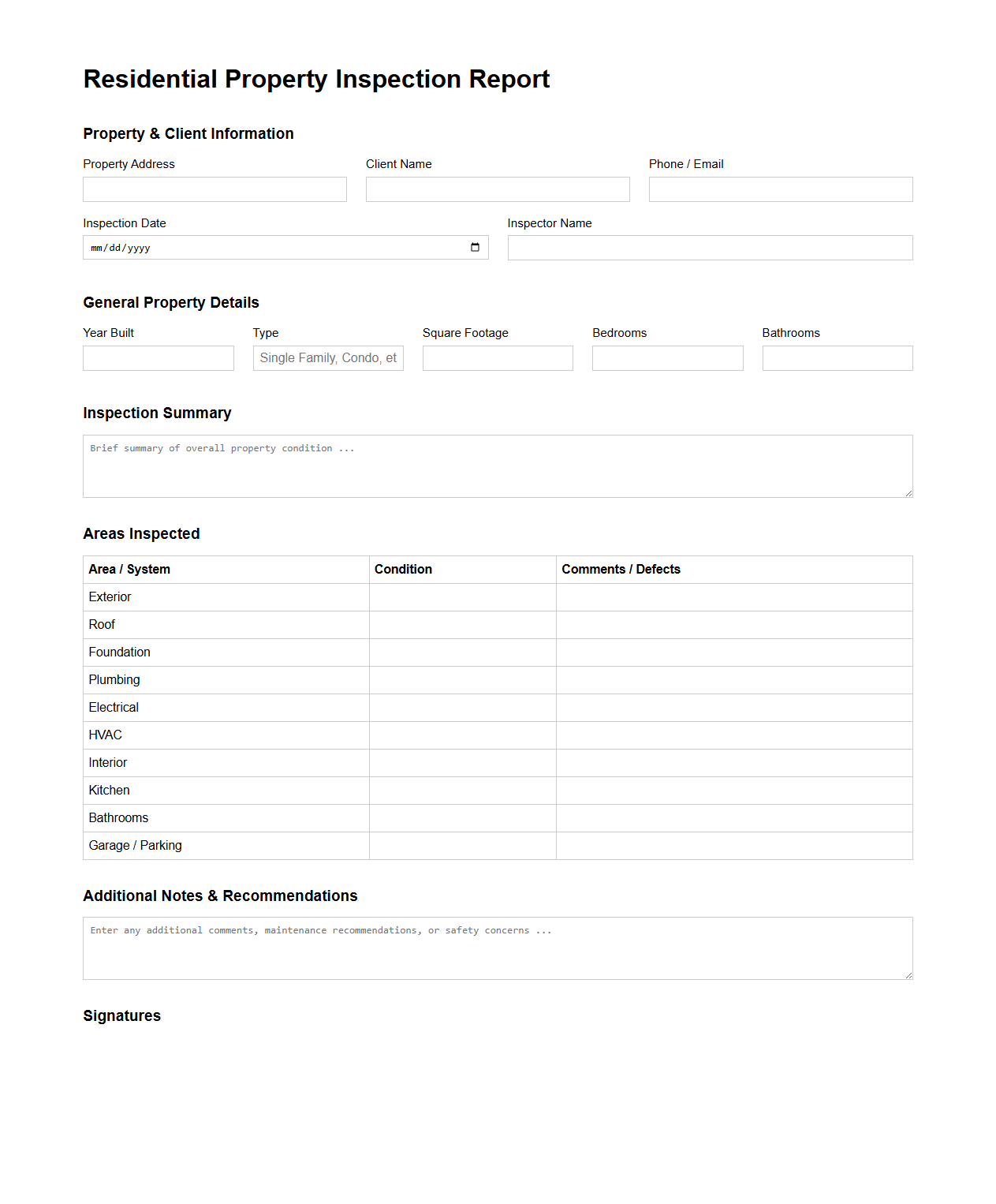 Residential Property Inspection Report Template