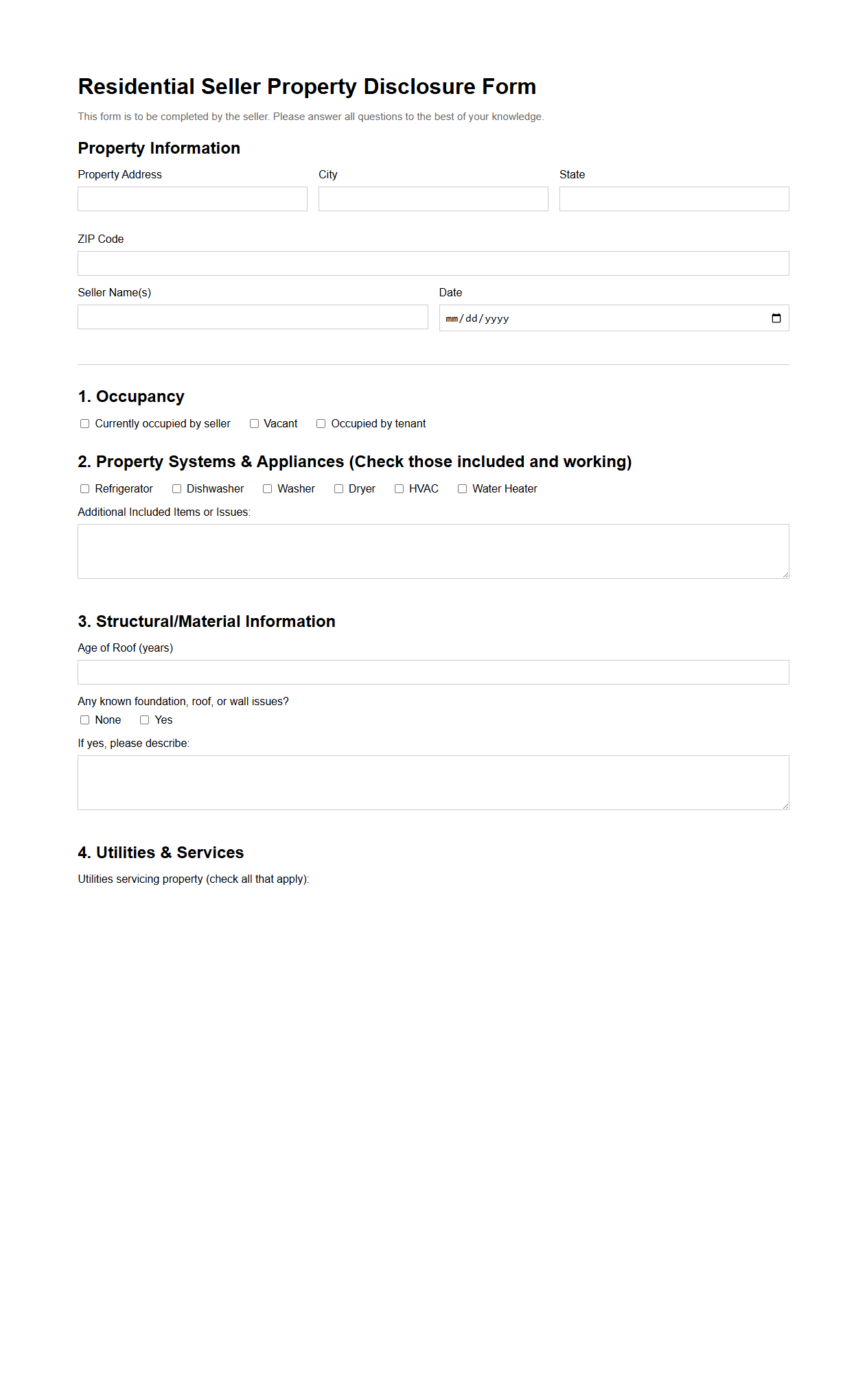 Residential Seller Property Disclosure Form Template