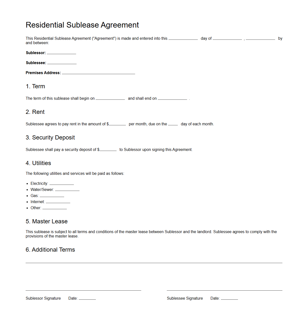 Residential Sublease Agreement Template