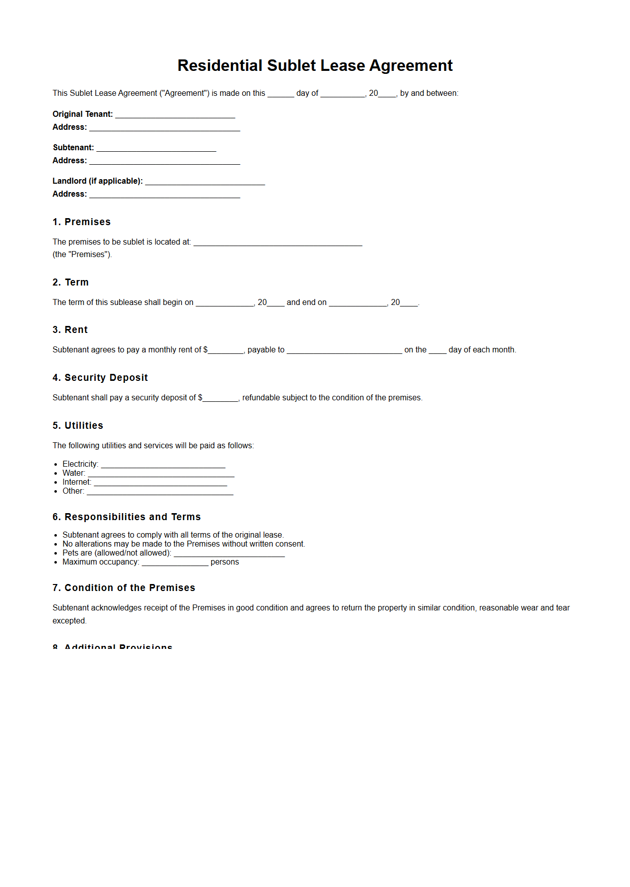 Residential Sublet Lease Document Sample