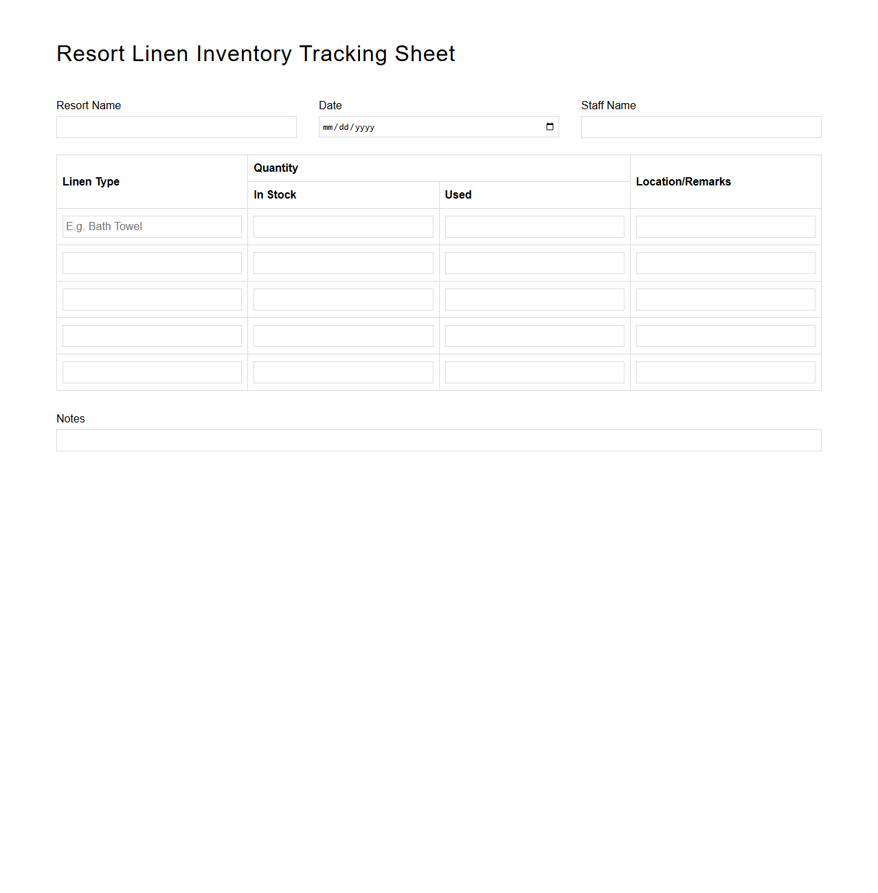 Resort Linen Inventory Tracking Sheet