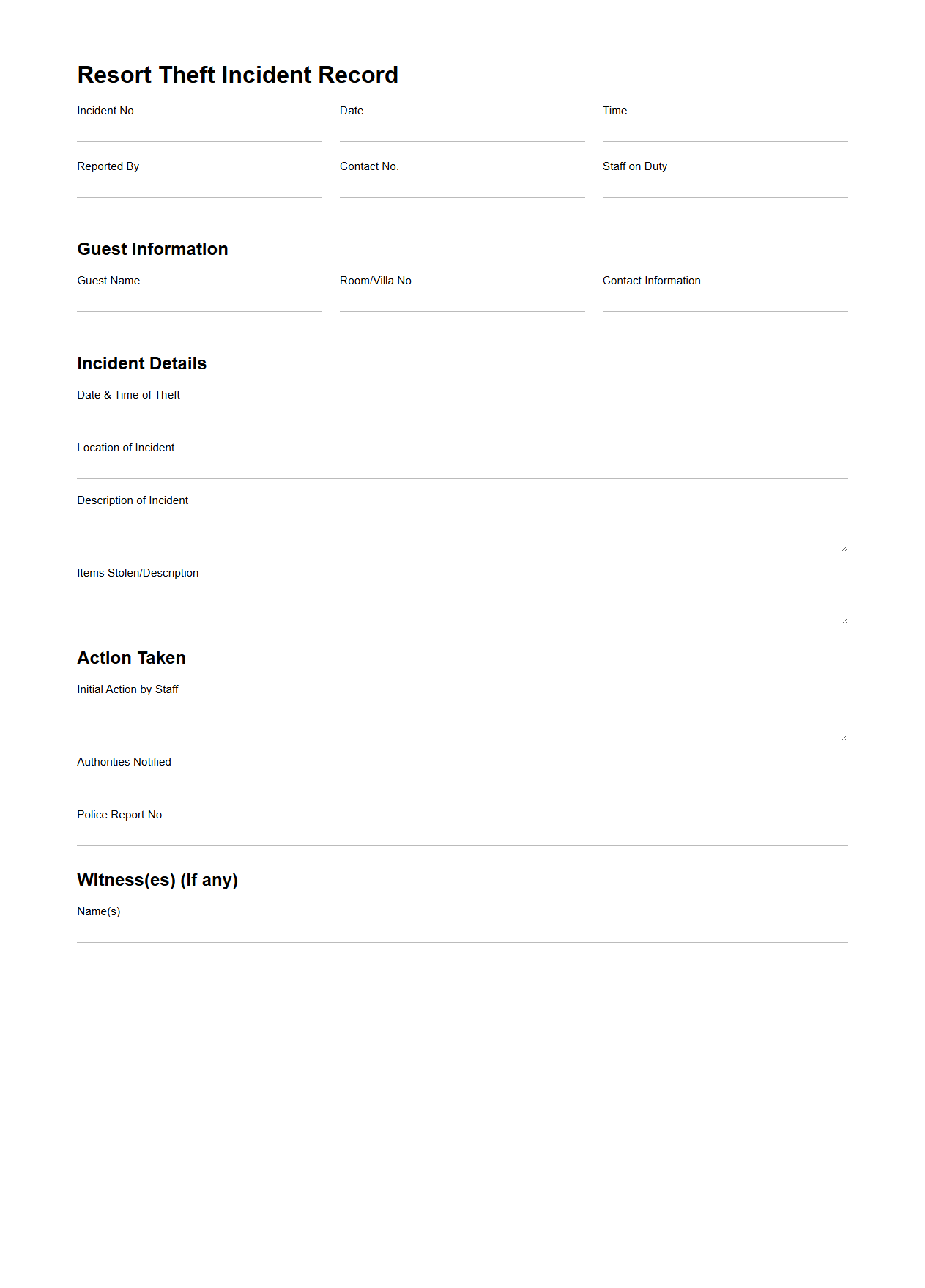 Resort Theft Incident Record Sample