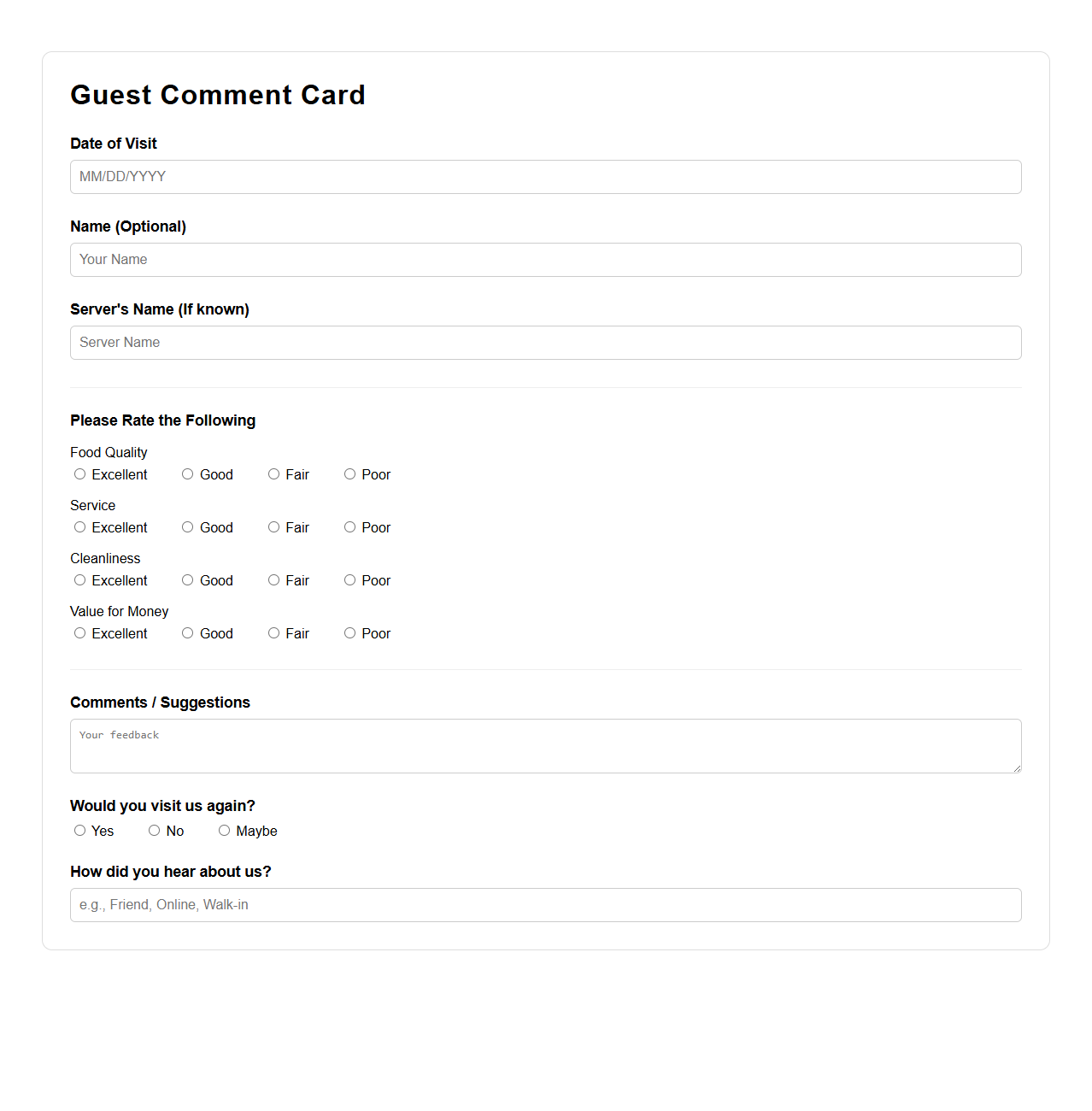 Restaurant Dine-In Guest Comment Card Sample