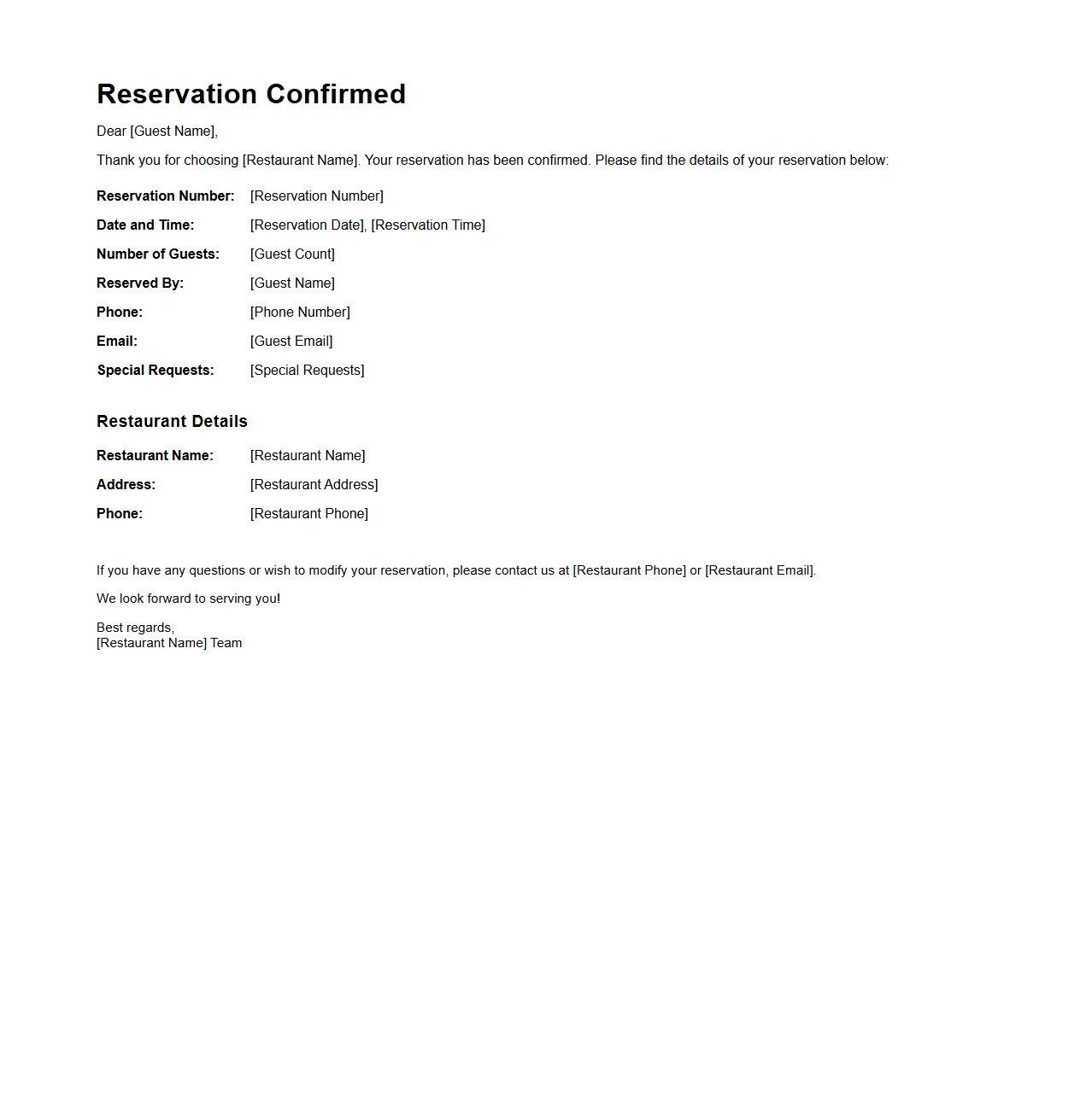 Restaurant Reservation Confirmation Email Format
