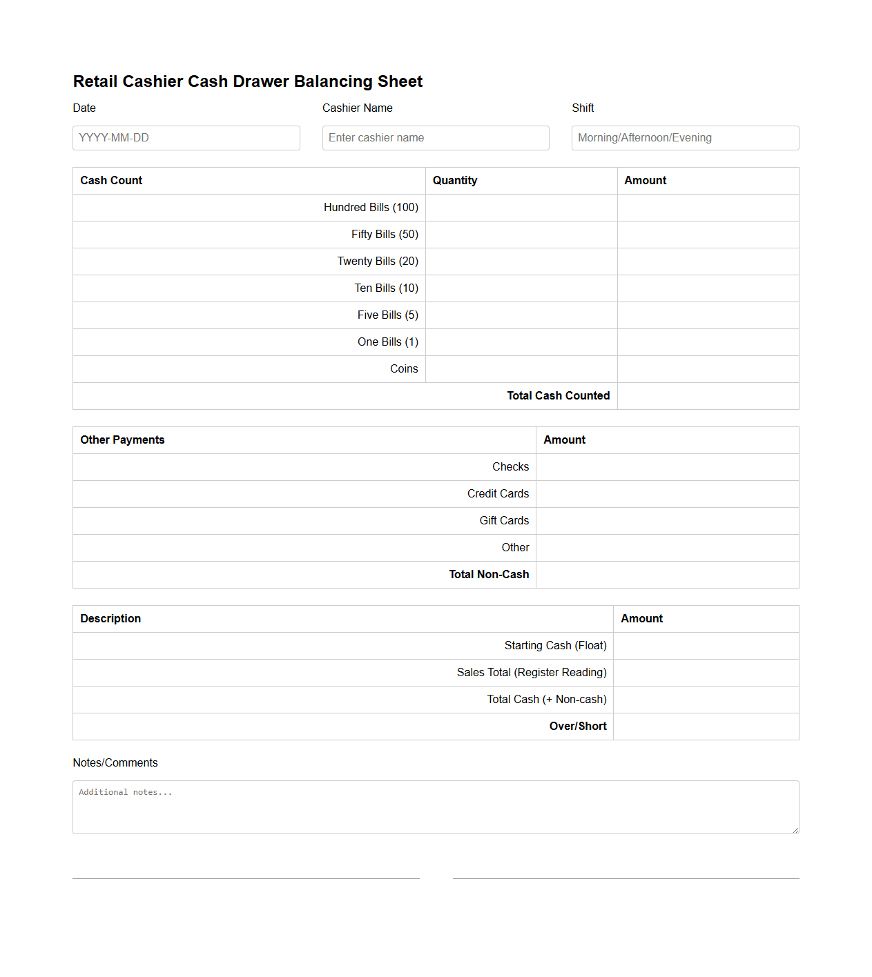 Retail Cashier Cash Drawer Balancing Sheet