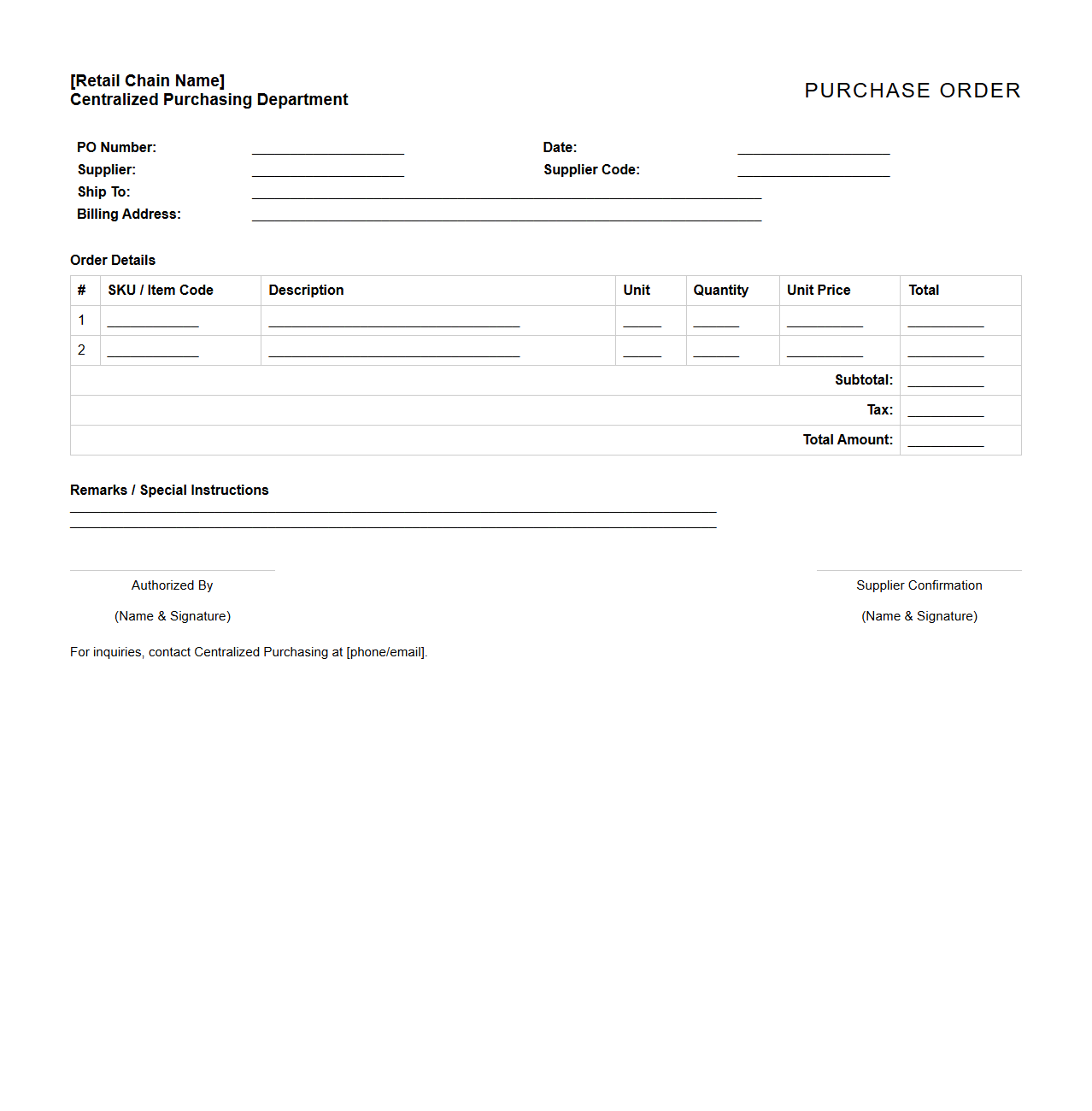 Retail Chain Centralized Purchase Order