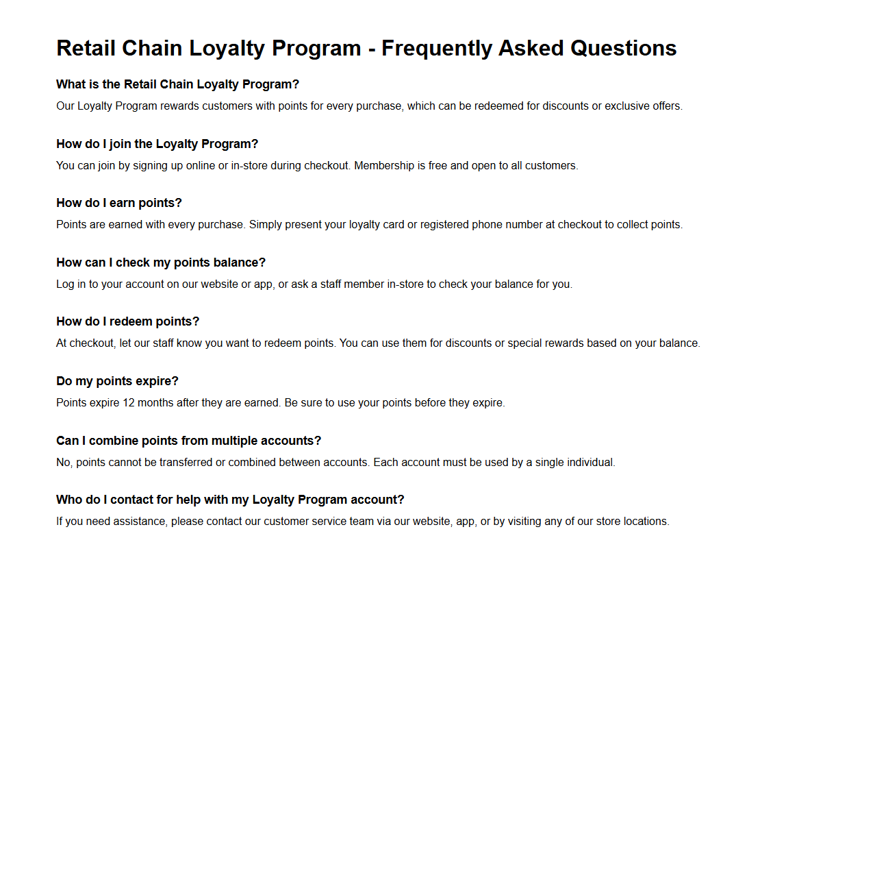 Retail Chain Loyalty Program Frequently Asked Questions