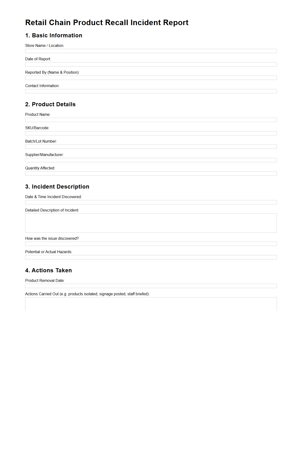 Retail Chain Product Recall Incident Report Sample