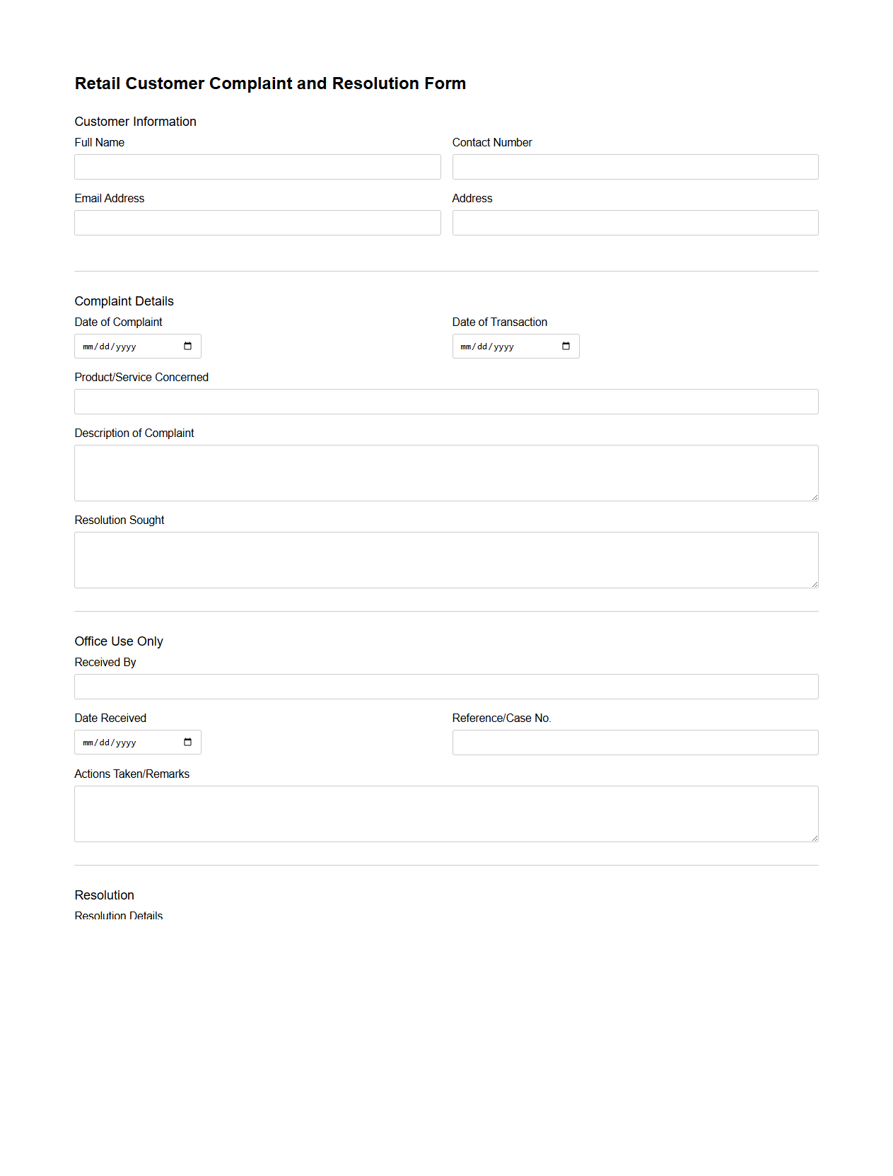 Retail Customer Complaint and Resolution Form