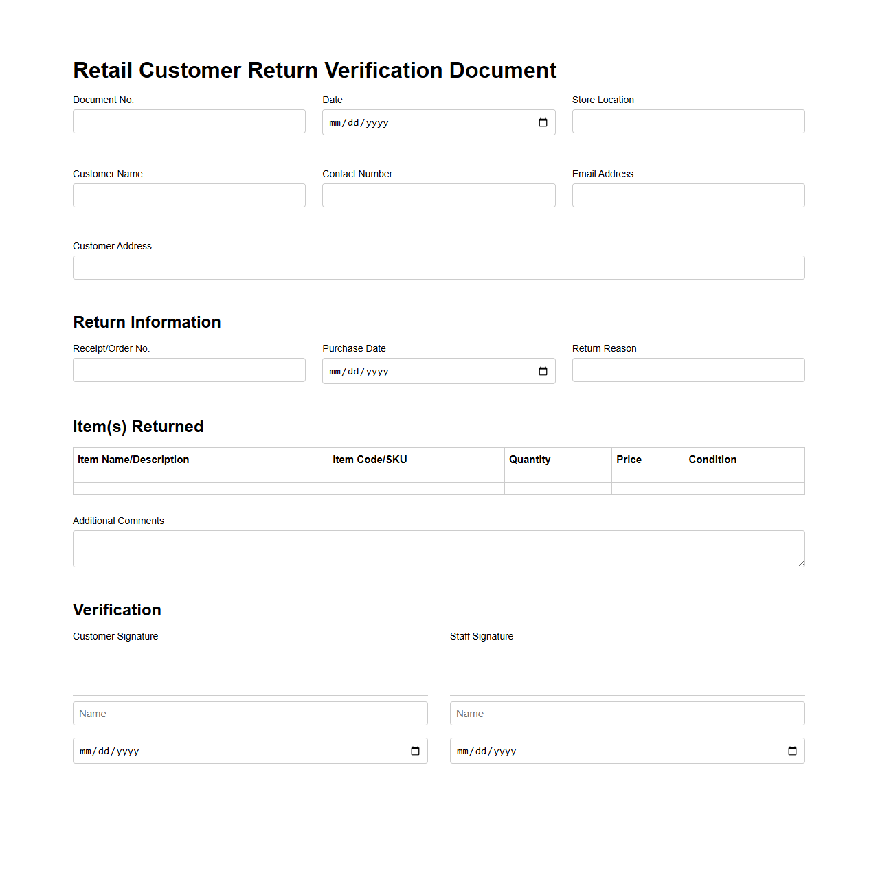Retail Customer Return Verification Document