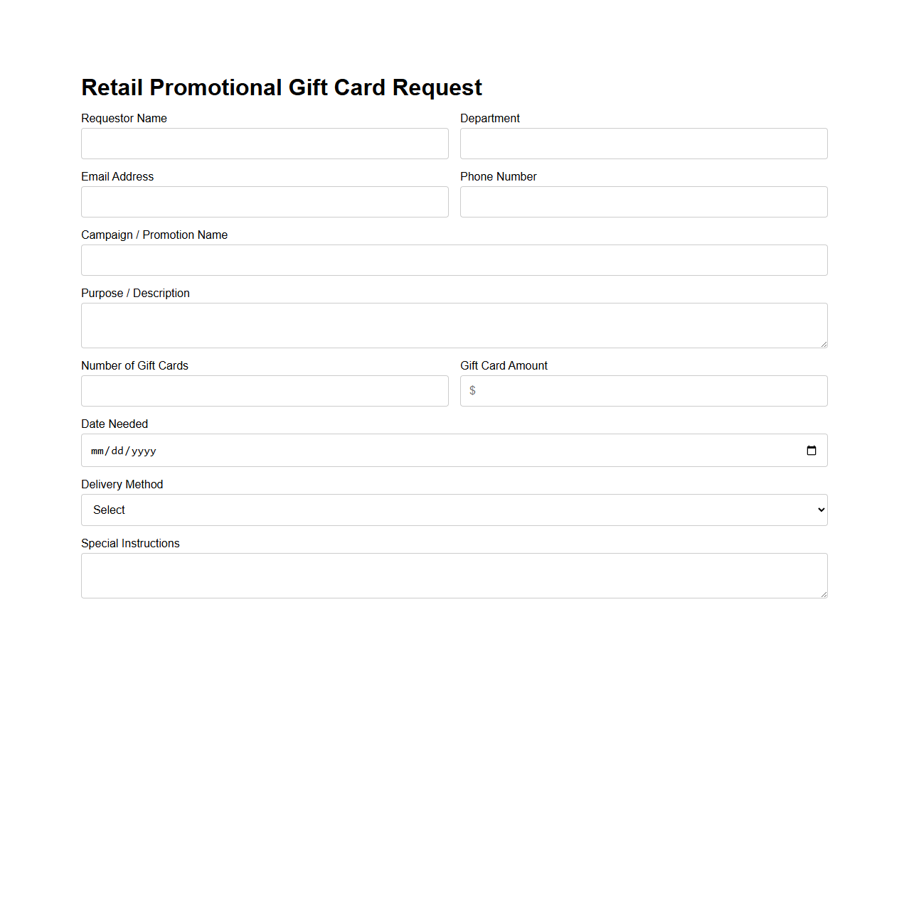 Retail Promotional Gift Card Request Template