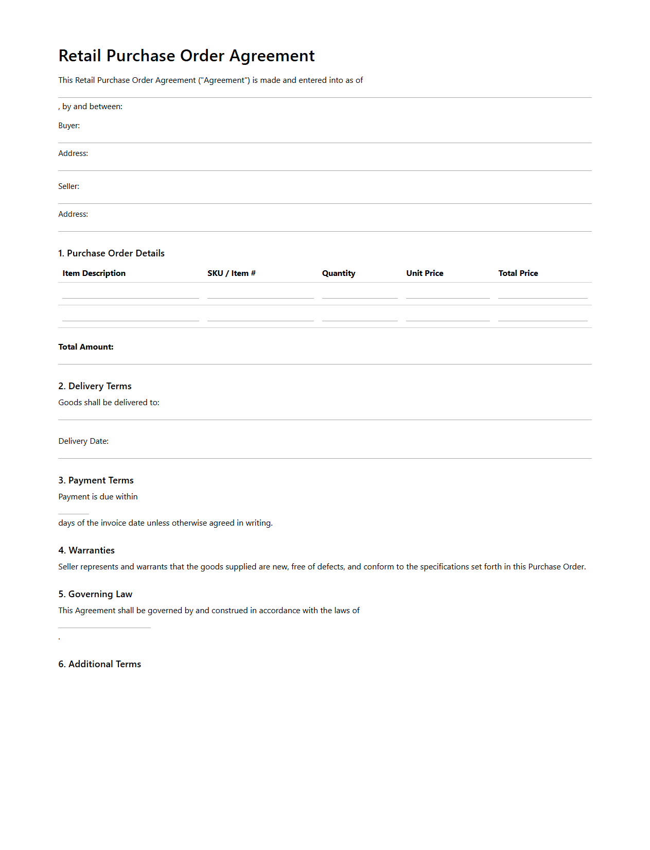 Retail Purchase Order Agreement Document Example