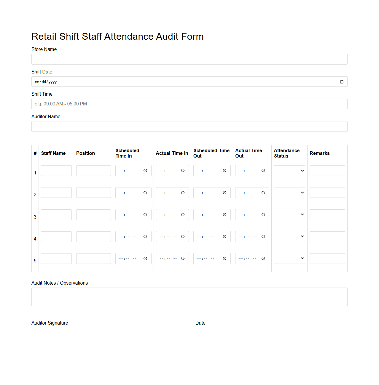 Retail Shift Staff Attendance Audit Form