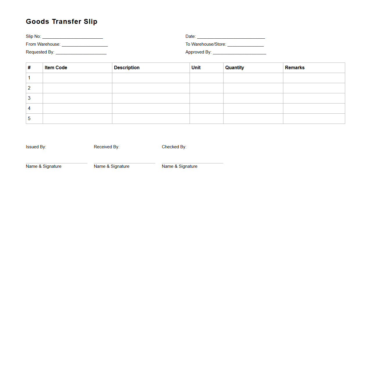 Retail Warehouse Goods Transfer Slip Sample