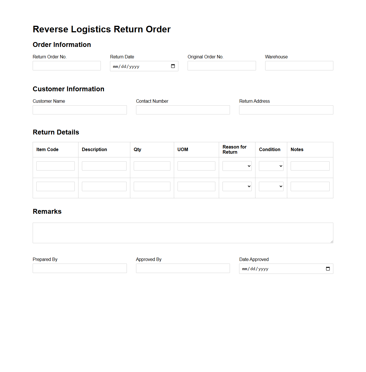 Reverse Logistics Return Order Template