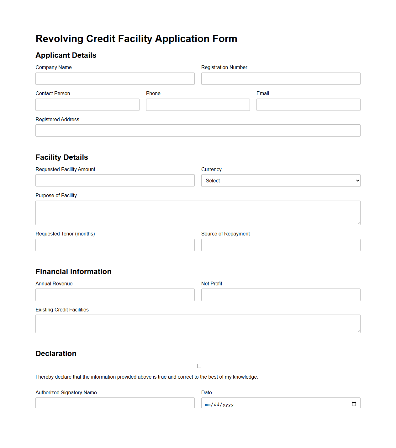 Revolving Credit Facility Application Form