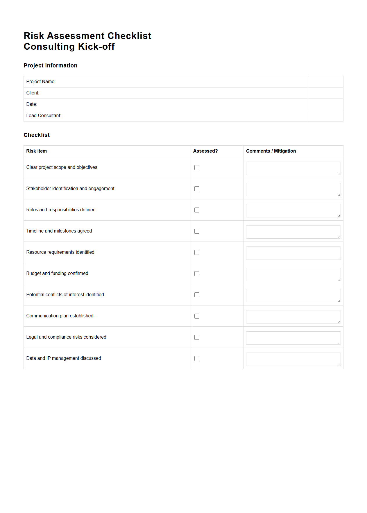 Risk Assessment Checklist for Consulting Kick-off