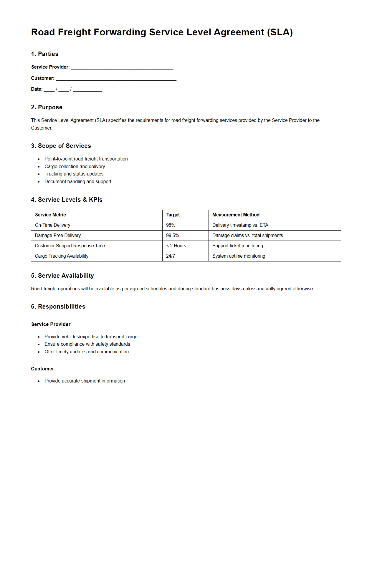 Road Freight Forwarding Service Level Agreement Document