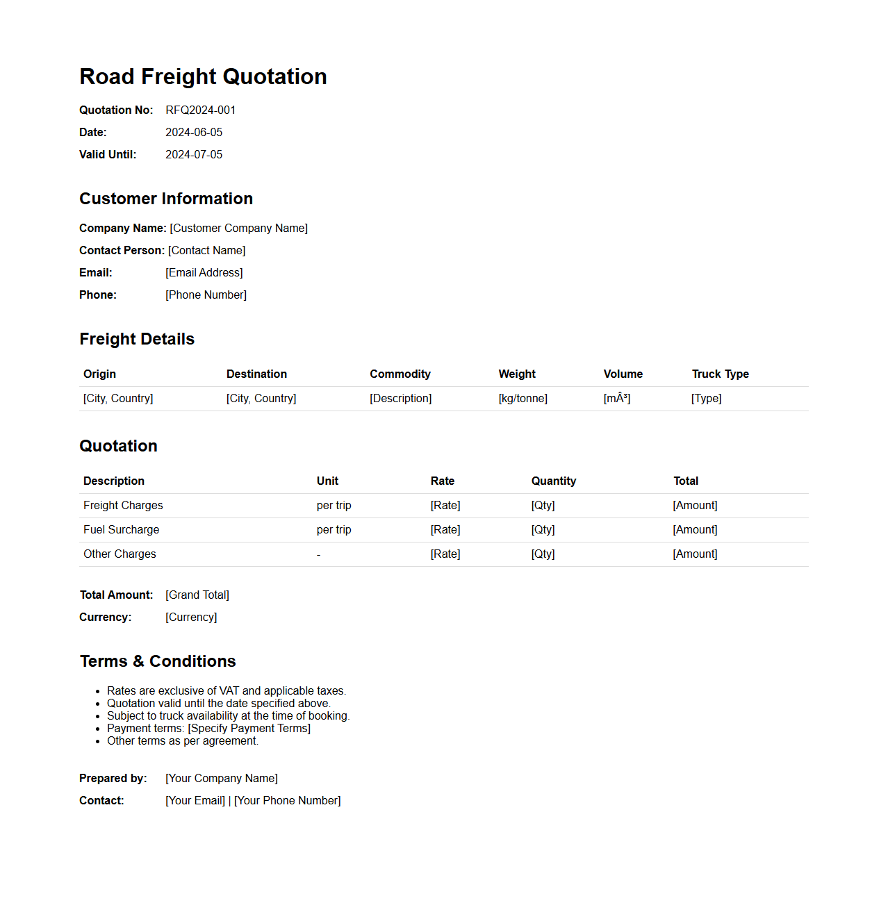 Road Freight Quotation Document Sample