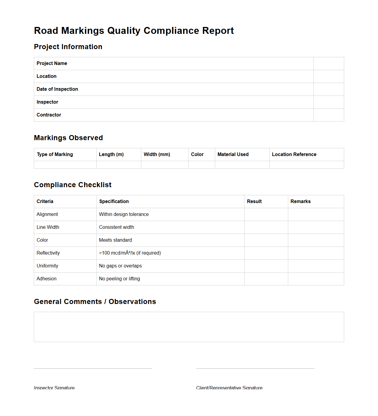 Road Markings Quality Compliance Report